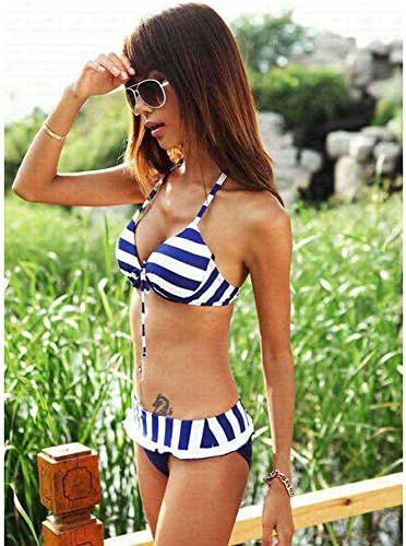 Lady Swimwear Stripes Bikini Navy Charm Bra Underwear Seperate with Cover Up(L)