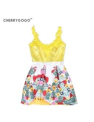 Summer Chiffon/Polyester General Print Round Neck Natural   Waistline Sleeveless Spaghetti Strap Above the Knee Applique Lace Mini Dress 