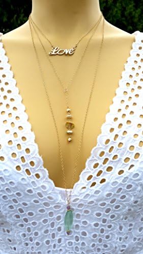 3 Dainty Layering necklaces in gold filled Love choker, two tone wire wrapped lariat and a long gemstone necklace to bring good vibes only