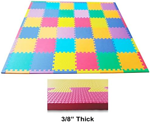 36 Pieces EVA Foam Crawling Floor Play Mat - 36 Interlocking Color Pieces - Includes Edges - Covers 6'x6' Feet - Size: 12"x12"