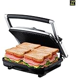 ZZ SM302 Gourmet Health Grill Panini Press & Sandwich Maker with Large Cooking Surface, Silver
