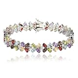 Sterling Silver Multi-Gemstone Flower Bracelet w  Diamond Accents, 7.25