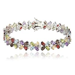 Sterling Silver Multi-Gemstone and Diamond Accent Flower Bracelet, 7.25"