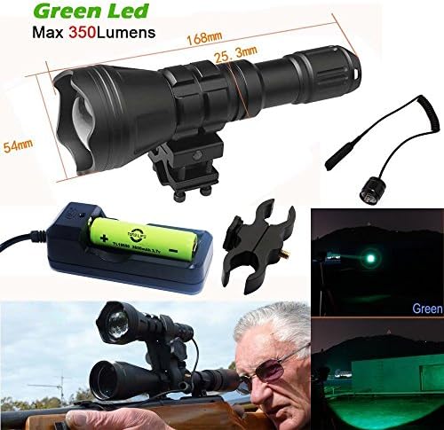 Merlin Light Hunting Flashlight Green 300 Yards Long Range Cree Led 350lumens Tactical Switch Rail&amp;barrel Mount 18650 Rechargeable Battery&amp;charger
