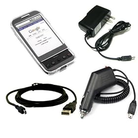 HTC T-Mobile G1 Google Android Phone Crystal Case Clear w/ USB Data Cable + Car and Wall / Travel Charger
