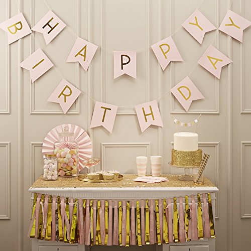 Tiemom Happy Birthday Bunting Banner, Pastel Perfection and Gold Foiled (Pink)