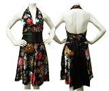 Floral Print Halter Top Dress Empire Waist with Obi Belt and Ties Black