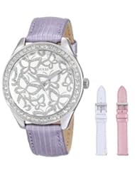 GUESS Womens U0308L1 Wardobe Set with 3 Interchangeable Genuine Leather Straps in White, Pink & Lilac