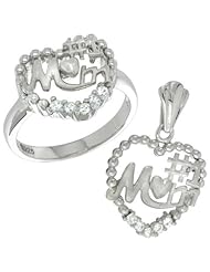 Sterling Silver #1 MOM Heart Ring & Pendant Set CZ Stones Rhodium Finished