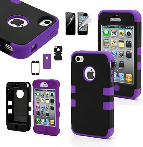 CWAccessories (TM) Black High Impact Hybrid Matte Hard Case Silicone Rubber Cover for Apple iPhone 4 4G 4S w/ Screen Protector (Purple)