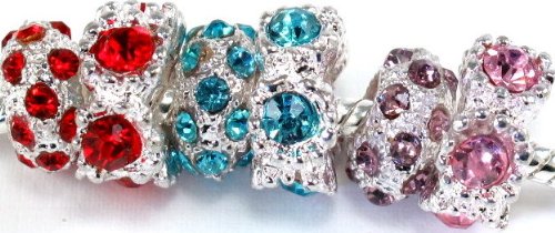Pandora Style Six (6) Piece Charm Bead Set with Colored Cubic Zirconia Exact Assortment as Shown (CZ101)