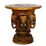 Handmade Asian Furniture - 20" Carved Round Wood End Table - Elephant Head Design & Painted Accents