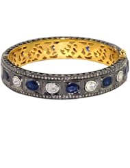 Rose Cut Diamond Bangle Blue Sapphire 14kt Yellow Gold Bracelet Silver Vintage Style Jewelry