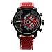 OULM Men's Passion Red Pilot's Quartz Wrist Watch Leather Strap 2 Time Zone Oversize Alloy Case Birthday Gift + Box
