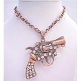 HH074 Copper Oxidized Gun Pendant w/ Barrel Spins Gun Fully Decorated w/ Cubic Zircon Men Pistol Necklace