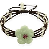 Natural Grade A Jadeite Jade Hand Carved Elegant Flower Garnet Center Beads Adjustable Cord Bracelet