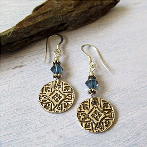 Boho Style Drop Earrings, Blue Crystals and Silver Charms
