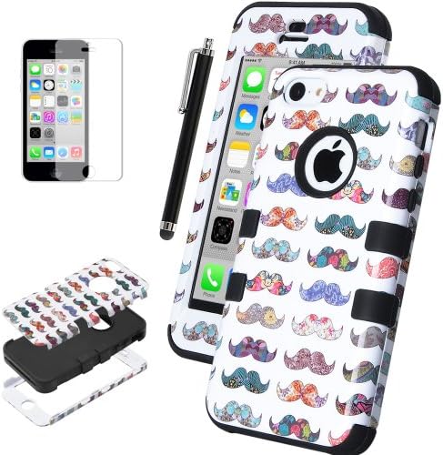 iPhone 5C Case Cover, ULAK Hybrid High Impact [Shock Absorbing] Soft and Hard Combo Case for Apple iPhone 5C Fashion Mustache Pattern With Screen Protector and Stylus (Funny Mustache Mania / Black Silicone)