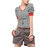 Allegra K Women Scoop Neck Shirr Short Sleeve Striped Shirt Black White XS