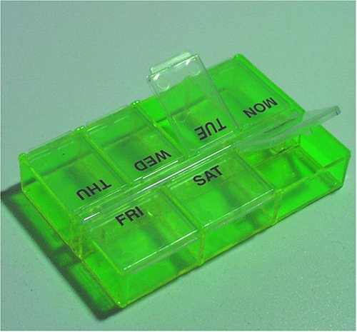 7 Day Pill Box Organizer Peek-a-box 7 Compartments Color Transparent Green- Made in the Usa
