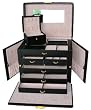 HUGE BLACK LEATHER JEWELRY BOX / CASE / STORAGE / ORGANIZER WITH TRAVEL CASE AND LOCK tea