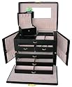 HUGE BLACK LEATHER JEWELRY BOX / CASE / STORAGE / ORGANIZER WITH TRAVEL CASE AND LOCK tea