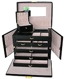 HUGE BLACK LEATHER JEWELRY BOX / CASE / STORAGE / ORGANIZER WITH TRAVEL CASE AND LOCK tea