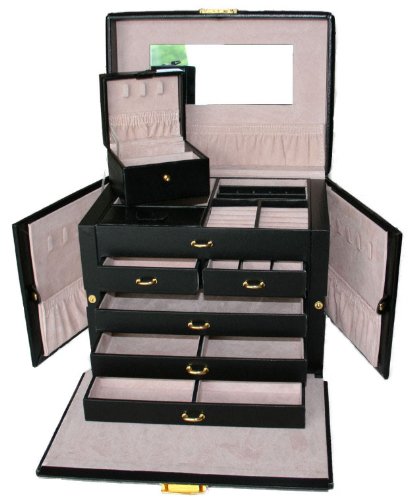 HUGE BLACK LEATHER JEWELRY BOX / CASE / STORAGE / ORGANIZER WITH TRAVEL CASE AND LOCK tea