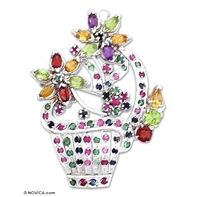 Gemstone brooch pendant, 'Basket of Blooms' 1.8 W 2.2 L by NOVICA