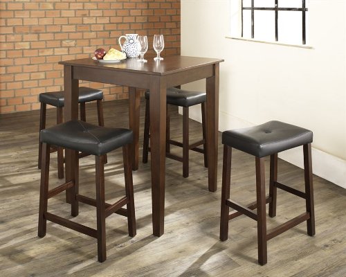Crosley Furniture 5 Piece Pub Dining Set with Tapered Leg and Upholstered Saddle Stools in Vintage Mahogany Finish