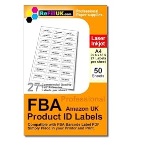 50 sheets A4 FBA Barcode labels. 1350 labels. 27 per sheet Self-Adhesive Labels, matt paper, 63.5 x 29.6 mm for use with PDF Barcode files produced by Amazon Fulfillment services print product labels