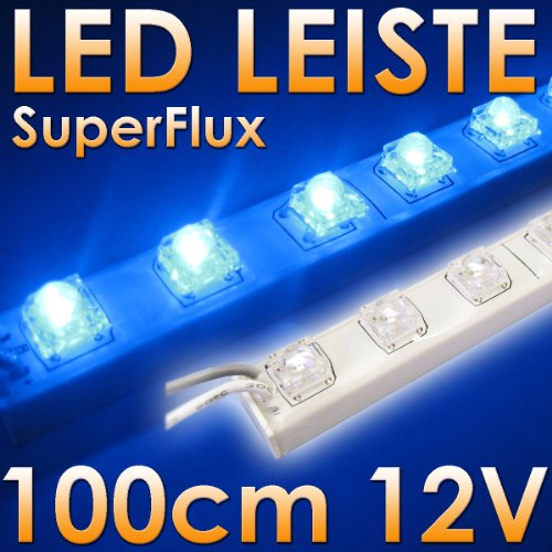 SuperFlux LED Leiste 100cm 12V DC BLAU – IP65! – 60 MEGA helle LEDs – vergossen im weißen Kunststoffprofil – IDEAL für indirekte Beleuchtung – SUPER HELL
