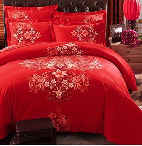 Andreannie ®3d Bedding Sets China Wind Beautiful Floral Patterns RED Soft Sanding Brushed 100% Cotton Material 4pcs Set Duvet Cover Bed Sheet Pillowcase Without Comforter