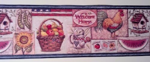 Farming Country Roosters Sunflower Wallpaper Border - Blue Edge