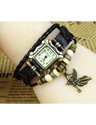 KANO BAK(TM) Vintage Wrap Around Press Button Leather Retro Weave Wrap Quartz Bracelet Woman Unisex Angel Gift Watch Black