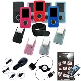 SanDisk Sansa e250 e260 e270 e280 Premium Silicone Skin with Accessory Kit - Bundled USB Retractable 2-in-1 Home and 12v Car Charger Set - 9 Color Options