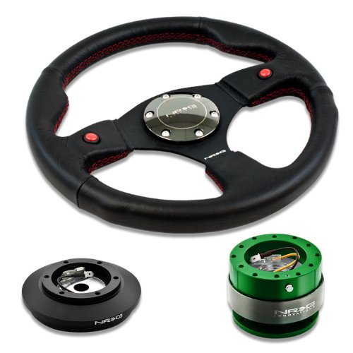NRG Innovations 12.5 320mm Black Leather Red Stitch Dual Horn Button