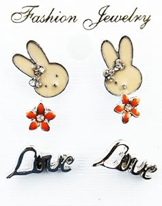 Bunny Rabbit & Love - Childrens Stud Earring Set - Kids Fashion Earrings (3 P...