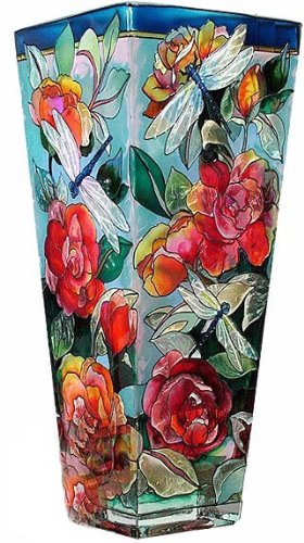 Roses and Dragonflies Hand Painted Stained Art Glass Flower Vase