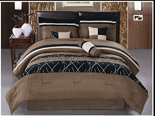 7 Pieces Luxury "Paddington" Microfiber Embroidery Geometry Comforter Set King Size Chocolate Color Bed in a Bag On Sale