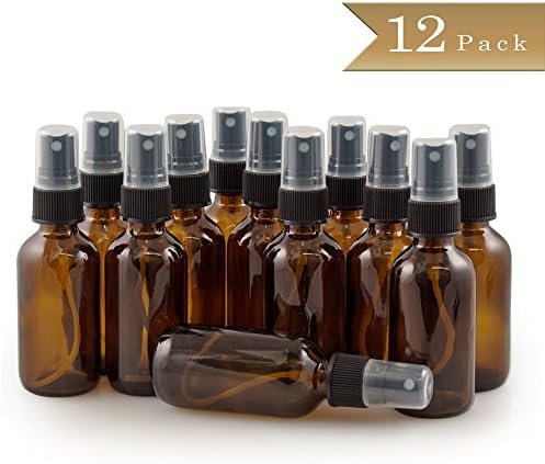 Pack of 12 - 2 Oz Amber Glass Spray Refillable Bottles - Black Fine Mist Sprayer Cover