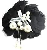 Designer Alex Carol Beautiful Large Black Chiffon Flower with Ribbon and Faux Pearl Hair Clip/Broach