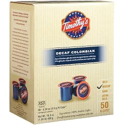 Timothy's World Coffee, Colombian Decaffeinated for Keurig Brewers, Medium, 50-Count K-Cups