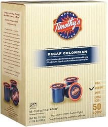 Timothy's World Coffee, Colombian Decaffeinated for Keurig Brewers, Medium, 50-Count K-Cups