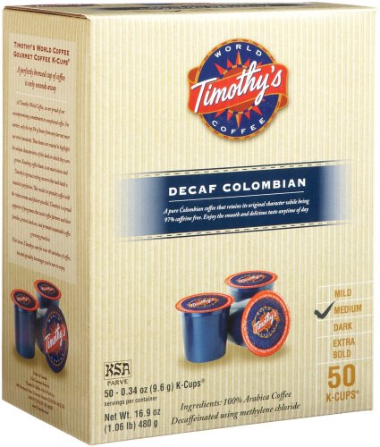 Timothy's World Coffee, Colombian Decaffeinated for Keurig Brewers, Medium, 50-Count K-Cups
