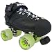 Sure Grip Rebel Derby Rookie Package Black Leather Boots with Atom Poison Slim Wheels Bones Reds Bearings Toe Caps Gum Drop Derby Stops and Green Laces Mens Boys Ladies Womens Girls Kids Youth Senior Junior Speed Skates