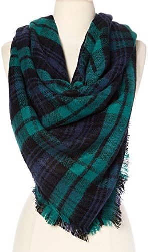 STStory USA SS-WR16870GN Trendy Womens Fringed Green &amp; Blue Plaid Soft Scarf