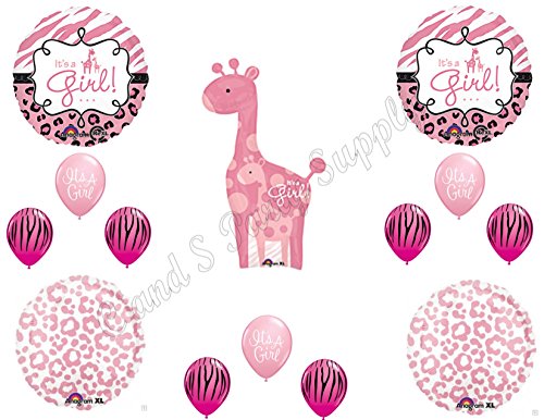 IT'S A GIRL Giraffe Zebra Cheetah Baby Shower Balloons Decoration Supplies Pink