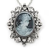 Victorian Diamante 'Cameo' Pendant Necklace In Antique Silver Metal Finish - 66cm Length with 3cm extension