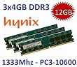 12GB Triple Channel Kit HYNIX original 3 x 4 GB 240 pin DDR3-1333 Non-ECC unbuffered DIMMs (PC3-10600, 1333Mhz, 240pin, CL9, 1.5V - 3x HMT351U6AFR8C-H9) f�r DDR3 Mainboards